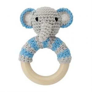 Sindibaba Rattle Elephant grey/blue on wooden ring