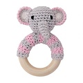 Sindibaba Rattle Elephant grey/pink on wooden ring