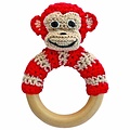 Sindibaba Rattle Monkey on wooden ring red