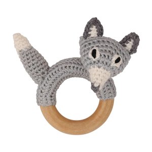 Sindibaba Rattle Fox on wooden ring grey