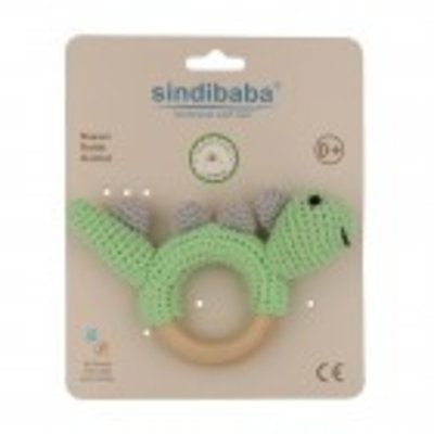 Sindibaba Rattle Dino on wooden ring green