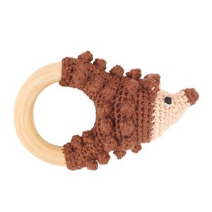 Sindibaba Rattle Hedgehog on wooden ring brown