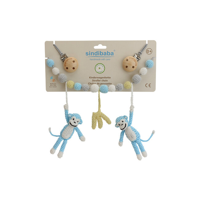 Kinderwagenkette Äffchen blau mit Rassel