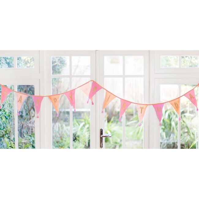 Bunting Fabric We love Birthdays pink embroidered