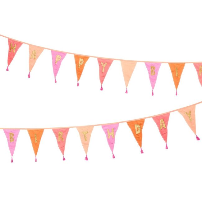 Wimpelkette Stoff We love Birthdays pink bestickt