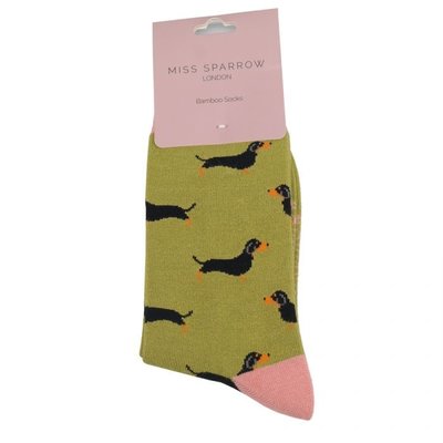 Miss Sparrow Socks Bamboo Little Sausage Dogs moss
