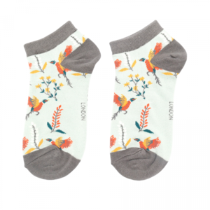 Miss Sparrow Trainer Socks Bamboo  Pheasants & Flowers duck egg