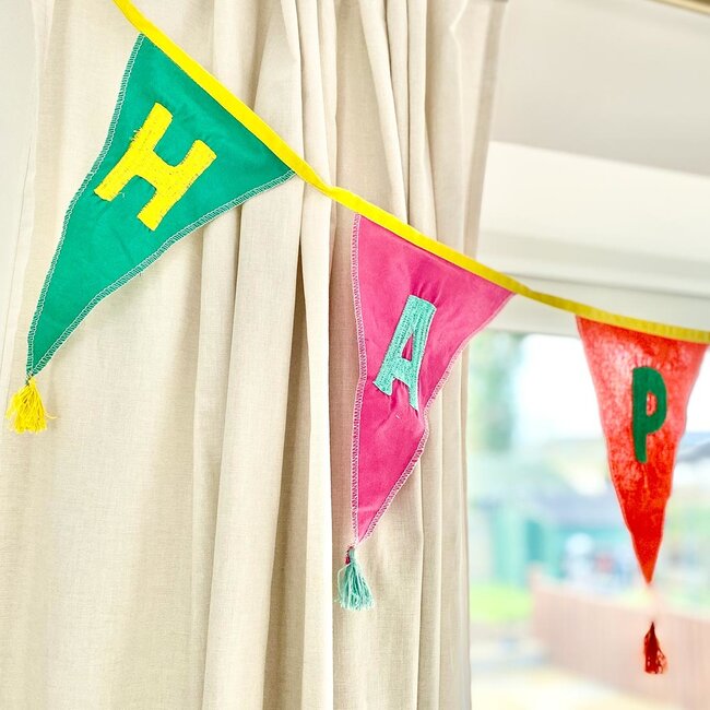 Bunting Fabric We love Birthdays rainbow embroidered