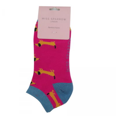 Miss Sparrow Trainer Socks Bamboo Sausage Dog hot pink