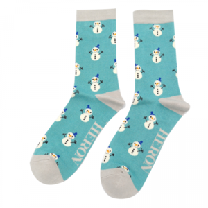 Miss Sparrow Mens Socks Bamboo Little Snowmen teal