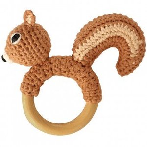 Sindibaba Rattle Squirrel on wooden ring brown