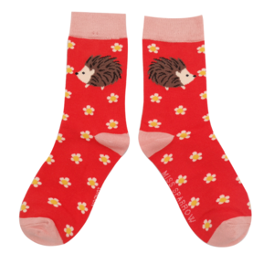 Miss Sparrow Kindersocken Bamboo Girls Hedgehogs & Daisies red 4-6Y