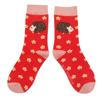 Miss Sparrow Kids Socks Bamboo Girls Hedgehogs & Daisies red 7-9Y