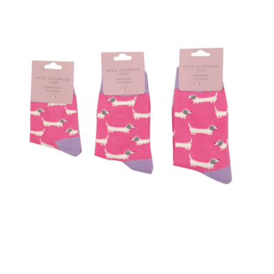 Miss Sparrow Kids Socks Bamboo Girls Sausage Dogs bright pink 4-6Y