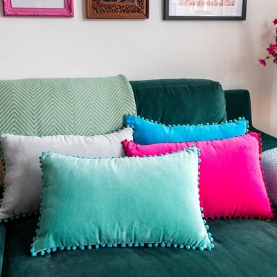 Rex London Velvet pillow with pompoms aqua