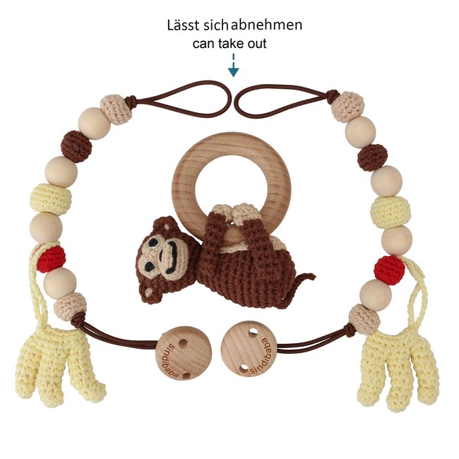 Stroller chain with rattle Monkey brown (organic cotton)  2-in-1