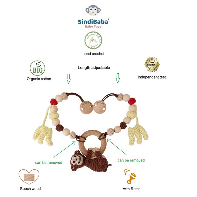 Wagenkette mit Rassel Monkey brown (Bio-Baumwolle) 2-in-1