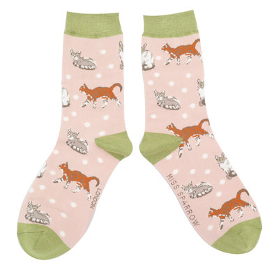 Miss Sparrow Socks Bamboo Cats & Spots dusky pink