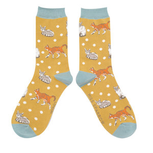 Miss Sparrow Socken Bamboo Cats & Spots mustard