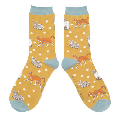 Miss Sparrow Socks Bamboo Cats & Spots mustard