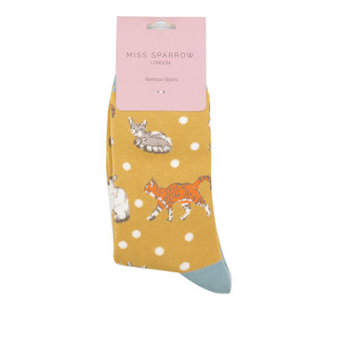 Miss Sparrow Socks Bamboo Cats & Spots mustard