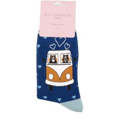 Miss Sparrow Socks Bamboo Road Trip Cats navy