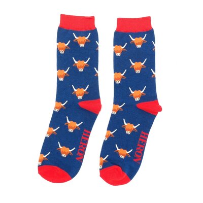 Miss Sparrow Mens Socks Bamboo Highland Cows navy