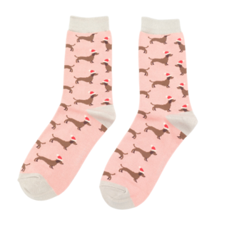 Miss Sparrow Socks Bamboo Sausage Dog Santa dusky pink