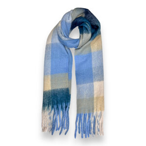 Pure & Cozy Schal Wool Mix Soft Checked with Tassel blues