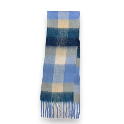 Pure & Cozy Schal Wool Mix Soft Checked with Tassel blues