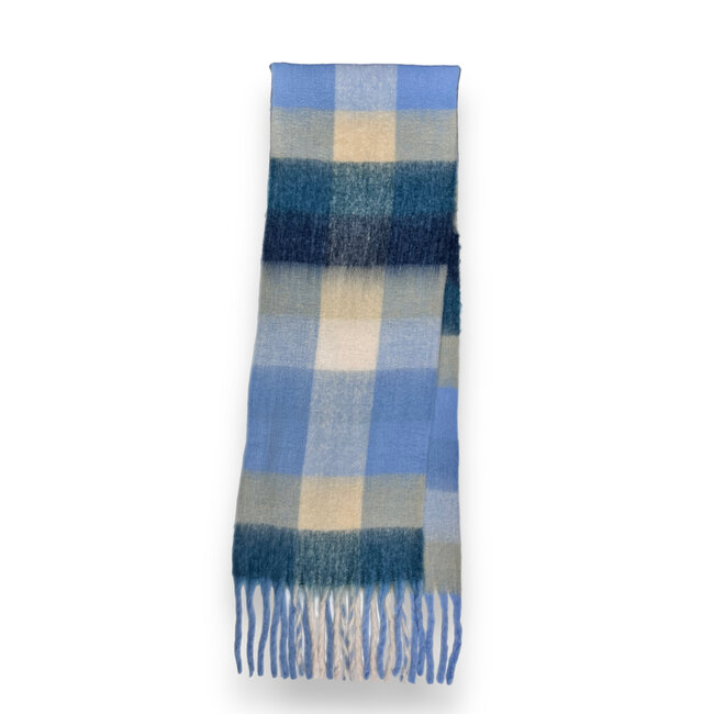 Schal Wool Mix Soft Checked with Tassel blues