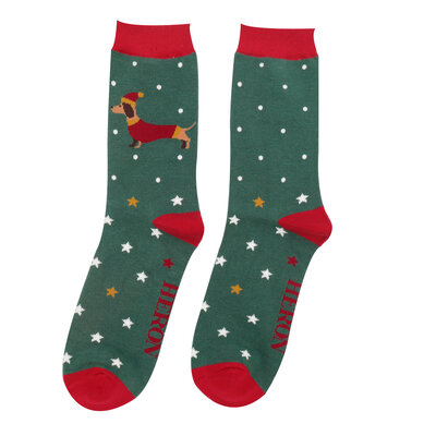 Miss Sparrow Männer-Socken Bamboo Festive Sausage Dogs dark green
