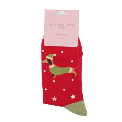 Miss Sparrow Socks Bamboo Festive Sausage Dogs red