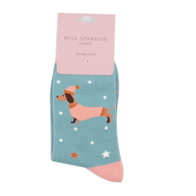 Miss Sparrow Socks Bamboo Festive Sausage Dogs duck egg