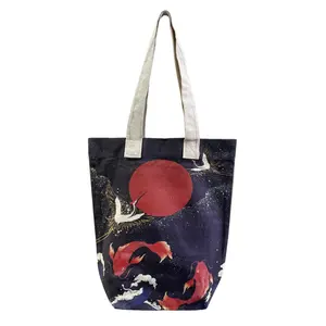 M&K Collection Canvas Tote Bag Art Japanese Crane & Koi Fish