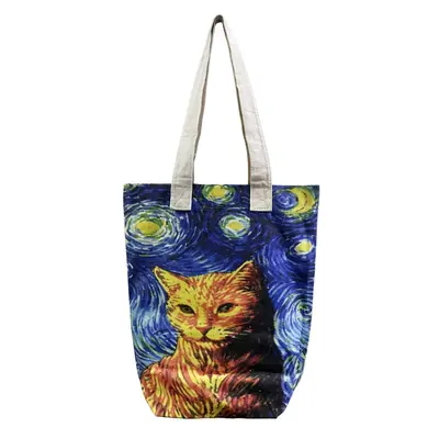 M&K Collection Canvas Tote Bag Art Starry Night Cat