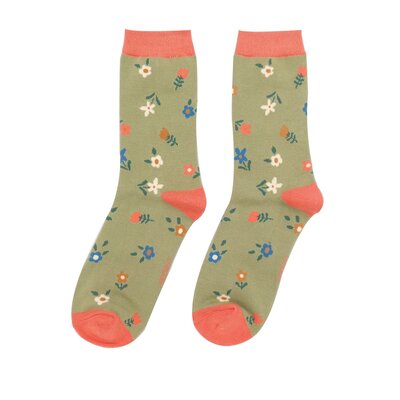 Miss Sparrow Socks Bamboo Tiny Flowers olive