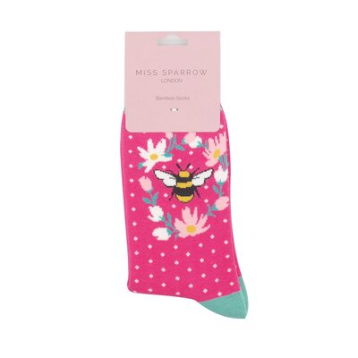 Miss Sparrow Socks Bamboo Bumble Bee Wreath hot pink