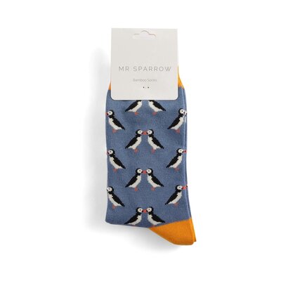 Miss Sparrow Mens Socks Bamboo Kissing Puffins denim