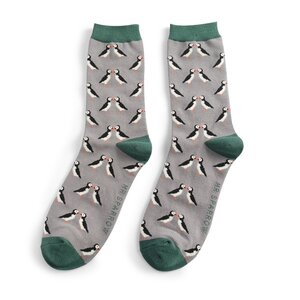 Miss Sparrow Mens Socks Bamboo Kissing Puffins grey