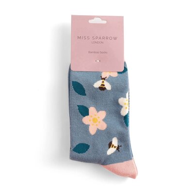 Miss Sparrow Socks Bamboo Bees & Flowers denim