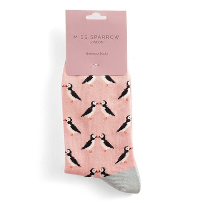 Miss Sparrow Socks Bamboo Kissing Puffins dusky pink