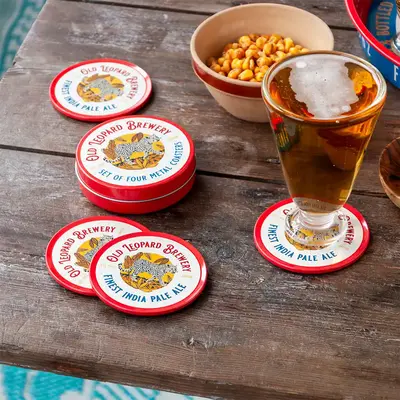 Rex London Coasters metal Old Leopard Brewery Set of 4