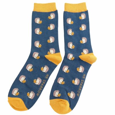 Miss Sparrow Mens Socks Bamboo Reading Hedgehogs navy