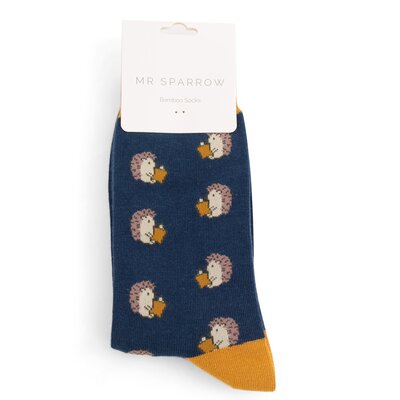 Miss Sparrow Mens Socks Bamboo Reading Hedgehogs navy