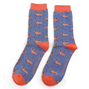 Miss Sparrow Mens Socks Bamboo Sausage Dog & Spots denim