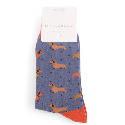 Miss Sparrow Männer-Socken Bamboo Sausage Dog & Spots denim