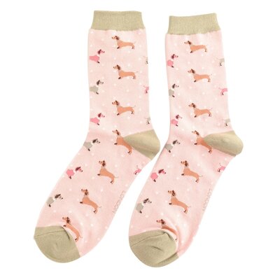 Miss Sparrow Socks Bamboo Sausage Dog & Spots dusky pink