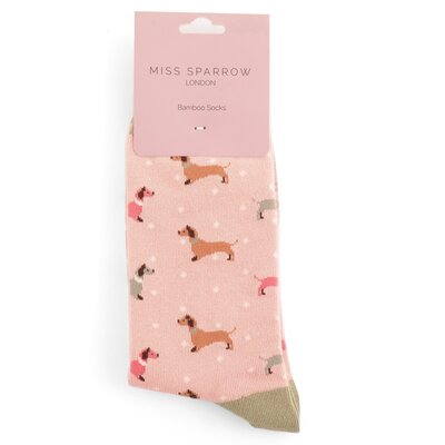 Miss Sparrow Socks Bamboo Sausage Dog & Spots dusky pink