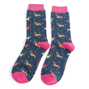 Miss Sparrow Socks Bamboo Sausage Dog & Spots navy